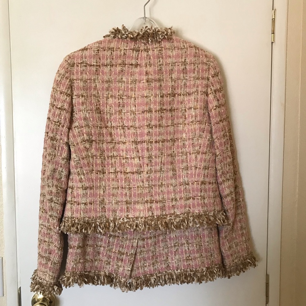 JON Designer Vtg Tweed Skirt Suit Pink Tan Bouclé Fringe Jacket 8 Nostalgic Rare - Picture 5 of 16